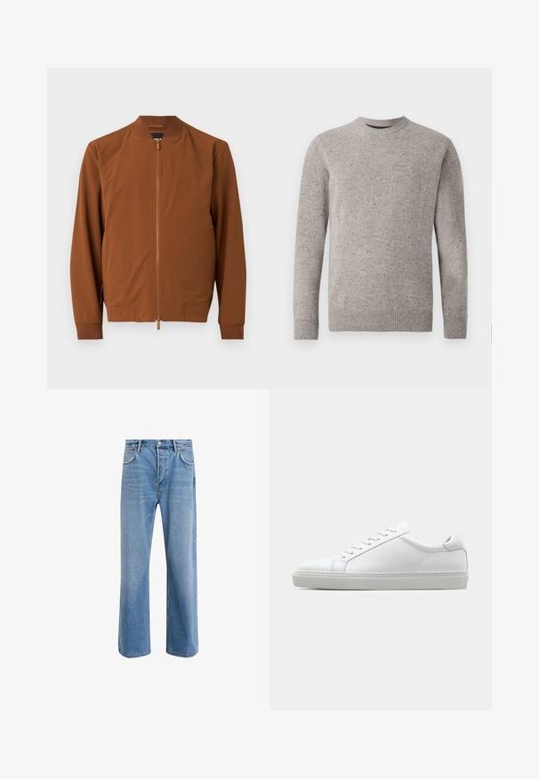 Bruine bomberjack van gladde stof. Kenmerkend zijn de ritssluiting, de geribbelde kraag, de elastische manchetten en de twee zijzakken.; Lichtgrijze gebreide trui met een ronde hals, lange mouwen en geribde manchetten en zoom. Gestructureerd patroon met kleurvlekken.; Lichtblauwe denim jeans met een straight-leg ontwerp, vijf zakken, knoopsluiting, minimale vervaging en contrasterende stikseldetails.; Witte sneaker met een gladlederen bovenwerk en een laag profiel. Voorzien van een ronde neus, zes vetergaatjes en een gestructureerde rubberen zool.