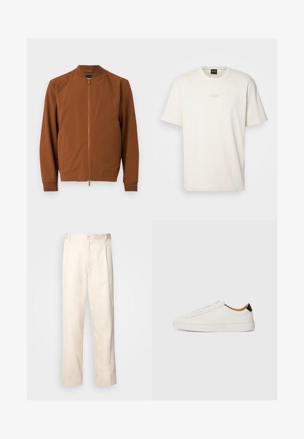 Jachetă bomber maro din material neted. Are închidere cu fermoar, guler ribirificat, mâneci elastice și două buzunare laterale.; BOSS TEE - Tricou basic - open white; Pantaloni din bumbac bej, cu croială dreaptă, dotati cu închidere cu nasture și pliuri în față pentru un plus de detaliu.; Sneaker alb cu un superior din piele netedă, vârf rotund și talpă plată. Accente negre la călcâi, cu șireturi tonale și un branding minim.