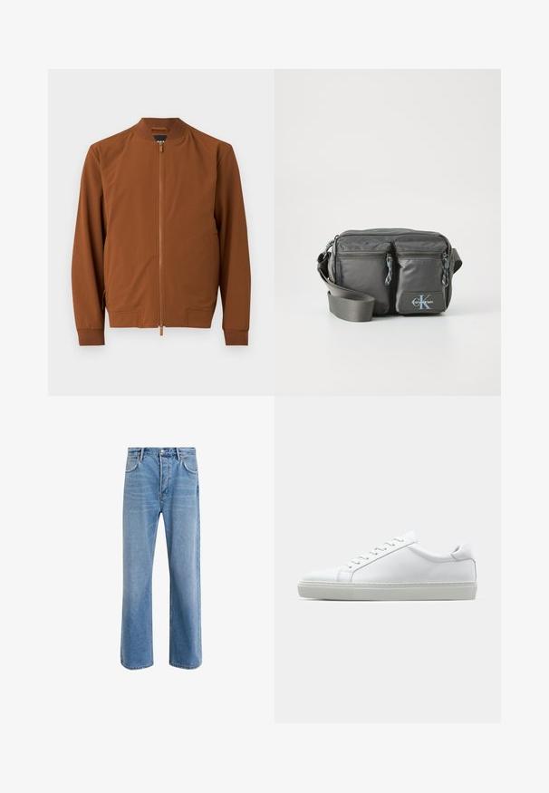 Braune Bomberjacke aus glattem Stoff. Sie hat einen Reißverschluss, einen gerippten Kragen, elastische Bündchen und zwei Seitentaschen.; Langärmliges Shirt mit Stehkragen aus leichtem cremefarbenem Baumwollstoff. Glatte Textur, lockere Passform, minimalistisches Design, keine sichtbaren Muster oder Akzente.; Helle blaue Jeans im Geradeschnitt-Design, mit fünf Taschen, Knopfverschluss, minimaler Ausbleichung und kontrastierenden Nähdetails.; Weißer Sneaker mit glattem Lederobermaterial und niedrigem Profil. Verfügt über eine runde Zehenpartie, sechs Ösen und eine strukturierte Gummisohle.; Graue Nylon-Crossbody-Tasche mit zwei Reißverschluss-Fronttaschen, verstellbarem Riemen und Logo-Akzent. Glatte Textur mit modernem Design.