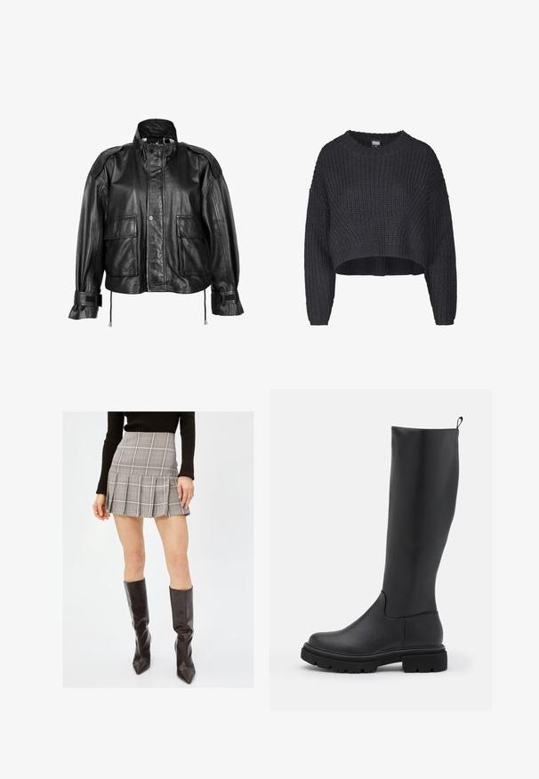 Maze MIT STEHKRAGEN - Skinnjacka - black; Avklippt svart stickad tröja med strukturerad tyg, rund halsringning och löst sittande långa ärmar.; Grå rutig minikjol med plisseringar, med vertikala och horisontella linjer i svart, vitt och rött. Kombinerad med knähöga svarta stövlar.; Svart knähög stövlar gjorda av slätt, matt material med en chunky sula, rund tå och en dragflik upptill för enkel påtagning.