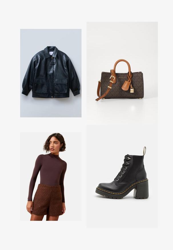 Schwarze Kunstlederjacke mit kragenförmigem Ausschnitt, Knopfverschluss, zwei aufgesetzten Taschen vorne und strukturierten, übergroßen Ärmeln.; Schwarzer Rollkragenpullover aus weichem Strickstoff, mit langen Ärmeln und einem entspannten Schnitt. Glatte Textur ohne sichtbare Muster oder Akzente.; Brauner Langarm-Body kombiniert mit strukturierten braunen Strickshorts. Der Body hat einen hohen Kragen, während die Shorts ein strukturiertes Design aufweisen.; Schwarze Lederstiefelette mit einem klobigen hohen Absatz, Schnürung vorne, metallischen Ösen und gelben Nähten entlang der Sohle. Strukturierten Gummiaußensohle.; Braune monogrammierte Handtasche mit taupefarbenen Lederakzenten, doppeltem Griff und verstellbarem Schulterriemen. Mit einem goldenen Schloss und Markenschild.