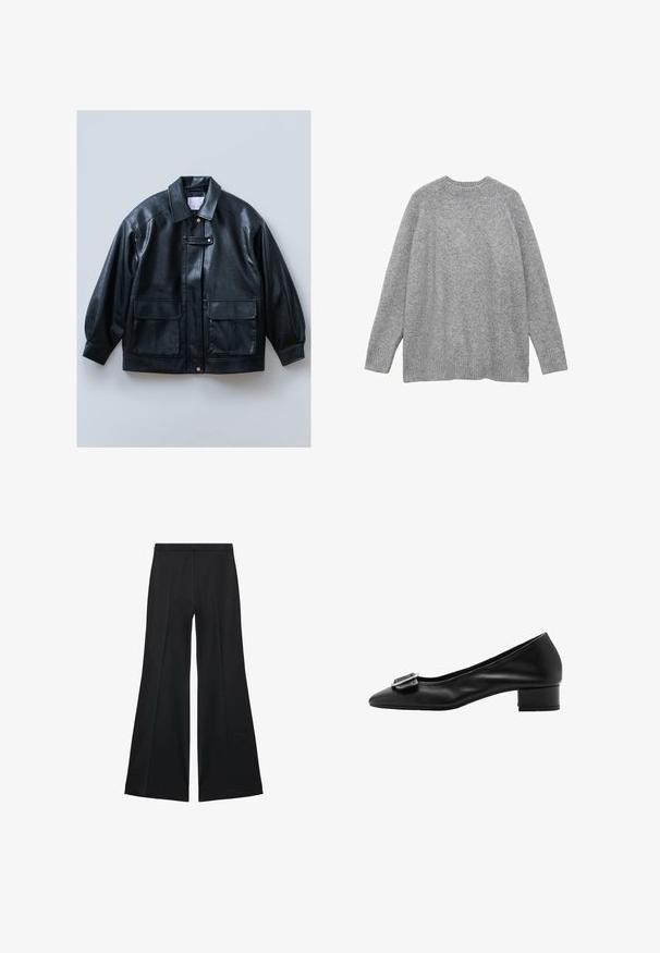 Mustat keinonahkatakki, jossa on kauluksellinen kaula-aukko, nappilukitus, kaksi etutaskua läpällä ja rakenteelliset, ylisuurentuneet hihat.; Harso neulepaita pehmeästä materiaalista, jossa on klassinen pyöreä pääntie, pitkät hihat ja resorit hihansuissa sekä helmassa.; Mustat leveälahkeiset housut, joissa on sileä pinta, etupuolella laskokset ja muotolaskettu malli. Kangas on kevyttä ja laskeutuvaa.; Musta nahkakengät, joissa on terävä kärki, pieni loivasti nouseva korko ja koristeelliset soljet päällä. Sileä pinta ja yksinkertainen muotoilu.