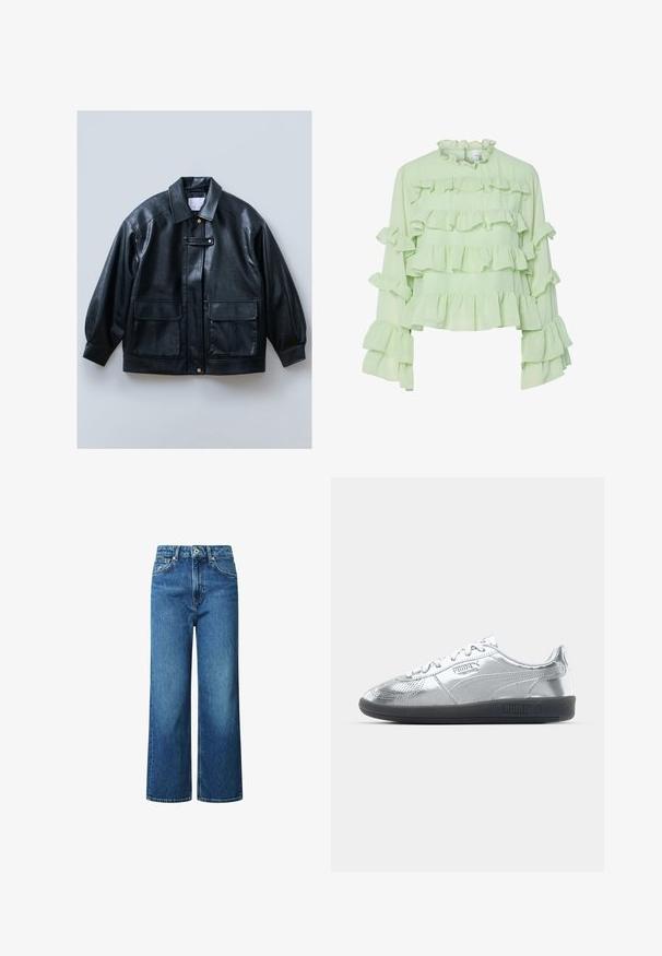 Crna faux kožna jakna s ovratnikom, zatvaranjem na gumbe, dva prednja džepa s preklopom i strukturiranim, prevelikim rukavima.; Svijetlozelena bluzica s više slojeva volana na tijelu i rukavima. Mekani materijal s visokim volanima na ovratniku i dugim, lepršavim rukavima.; Jeans širokih nogavica od plave denima, s visokim strukom, zatvaranjem na gumbe sprijeda i šivenim detaljima. Bez uzoraka ili ukrasa.; Srebrne tenisice s glatkom, reflektirajućom površinom, s crnim gumenim potplatima i klasičnim vezanjem. Puma logo sa strane.