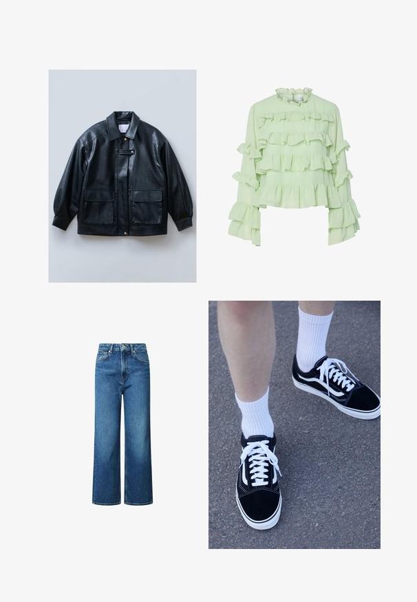 Must mustast kunstnahkjope, millel on kraega kaelus, nööpidega sulgemine, kaks eesmist klapikotti ja struktureeritud, üle mõõtme varrukad.; Hele rohelise pluusi, millel on mitmekordsed volangid kehal ja varrukatel. Pehme kangas kõrge volangiga kaelusega ning pikad, laienevad varrukad.; Laiad joped sinisest denimist, esiküljel nupuga kinnitusega ja tikitud detailidega, kõrge vöökoht. Ilma mustrite ja kaunistusteta.; Mustad nahkkingad valgete aktsentide ja paeladega, kombineeritud valgete soonikreisidega sokkidega, asetatud tekstureeritud hallile pinnale.