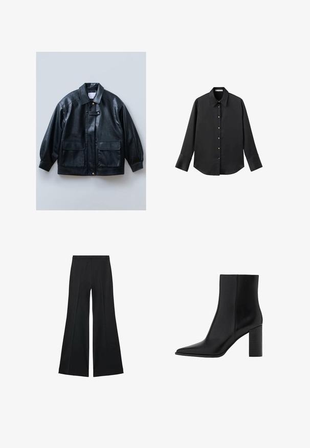 Giubbotto in finta pelle nera con collo a camicia, chiusura con bottoni, due tasche frontali con patta e maniche strutturate e oversize.; Maglietta nera a maniche lunghe in tessuto morbido, con colletto classico, chiusura frontale con bottoni dorati e polsini ampi.; Pantaloni neri a gamba larga con una texture liscia, caratterizzati da pieghe frontali e un design sartoriale. Il tessuto è leggero e fluido.; Stivale alla caviglia in pelle nera con punta affilata, tacco quadrato, texture liscia e dettagli di cucitura lungo le cuciture. I tacchi misurano circa 3,5 pollici.