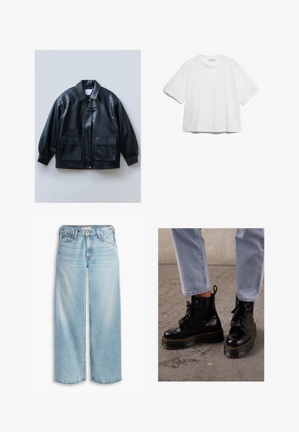 Veste en simili cuir noir avec un col, fermeture à boutons, deux poches à rabat à l'avant et des manches structurées et surdimensionnées.; T-shirt en coton blanc avec des manches courtes, un col rond, une coupe décontractée, et sans motifs ni graphiques visibles. Texture lisse et design simple.; Jean large bleu clair en denim, avec une taille haute, une fermeture à boutons et un ourlet effilé. Coutures visibles et poches.; Bottes de cheville en cuir noir avec une semelle épaisse, bout rond, lacets en ruban, couture jaune et une tirette à l'arrière.