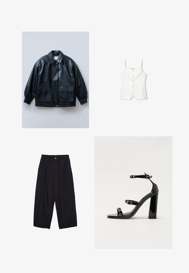 Giubbotto in finta pelle nera con collo a camicia, chiusura con bottoni, due tasche frontali con patta e maniche strutturate e oversize.; Top bianco senza maniche con bottini frontali, tasche laterali e un design aderente con orlo leggermente svasato. Texture liscia, minimalista nei dettagli.; Pantaloni culotte neri in poliestere con una cintura elastica, due pieghe frontali e una silhouette ampia. Nessun motivo visibile o dettagli in metallo.; Sandali con tacco in vernice nera, con punta squadrata, cinturini alla caviglia e fibbie in argento. Presentano un tacco a blocco spesso per maggiore stabilità.
