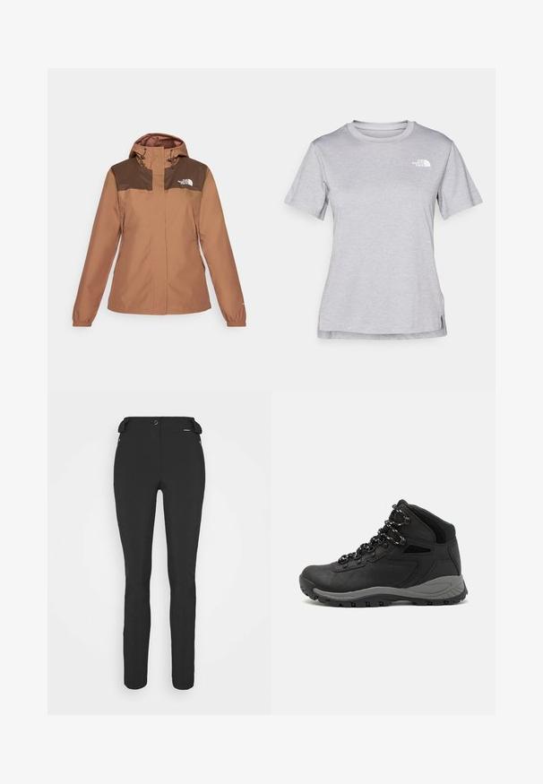 Bruine waterdichte jas met capuchon, contrasterende donkerbruine schouders, ritssluiting aan de voorkant, elastische manchetten en logodetail op de borst.; Grijze T-shirt met korte mouwen, gemaakt van zachte, vochtabsorberende stof. Heeft een ronde hals en een klein wit logo op de bovenste linkerzijde.; Zwarte, strakke broek gemaakt van een flexibel materiaal. Kenmerken zijn onder andere een ritszak aan de zijkant, gebogen knieën en een gladde textuur.; Zwarte wandelschoen met een mid-top ontwerp, voorzien van een gestructureerde bovenkant, grijze accenten en een duurzame rubberen zool met gripnoppen.