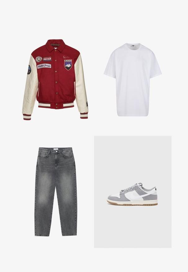 Karl Kani CHEST SIGNATURE BLOCKCOLLEGE - Bomber tipa jaka - darkred offwhite; Balta kokvilnas T-kreklu ar īsām piedurknēm, apaļu kakla izgriezumu, brīvu piegriezumu un bez redzamām logo vai rakstiem. Gluda tekstūra un minimālistisks dizains.; Augsta vidukļa, platā stila džinsi izbalējušā melnā denima. Ar pieciem kabatām, jostas cilpām un tīru, taisnu kāju dizainu.; Pelēki un balti sporta apavi ar zamšādas un ādas virsu, noapaļota purngala, plakaniem šņorēm un gumijas zoli ar gumijas akcentu.
