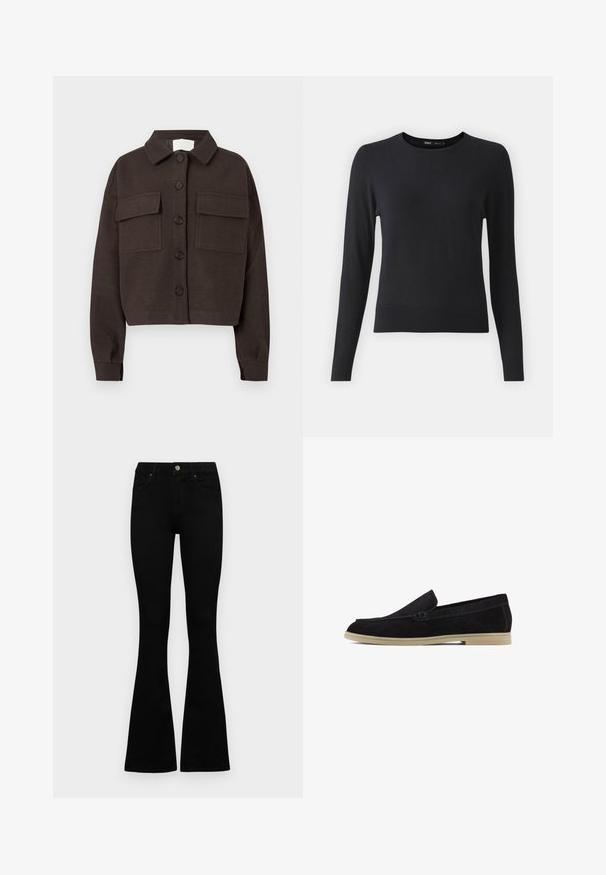 Dark brown button-up jacket with two front flap pockets, long sleeves, and a folded collar against a white background.; Black long-sleeve sweater made from soft fabric, featuring a crew neck and ribbed hem. Simple, smooth texture with no visible patterns.; Black high-waist jeans with a button and zip closure, front pockets, and flared legs laid flat on a white background.; Black suede loafers with a flat beige sole, featuring a stitched design and a sleek slip-on style, suitable for casual wear.