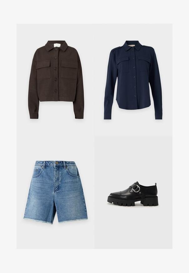 Giacca button-up marrone scuro con due tasche frontali a pattina, maniche lunghe e colletto ripiegato su sfondo bianco.; Camicia blu navy con bottoni realizzata in tessuto morbido. Presenta due tasche sul petto, spalline sulle spalle e maniche lunghe con polsini abbottonati.; Shorts in denim azzurro chiaro, con vita alta, chiusura con bottone, tasche frontali e orlo sfrangiato per un fit rilassato.; Scarpe in pelle nera con suola spessa e rigata, dotate di un accento in metallo argentato a forma circolare e dettagli di cucitura minimal.