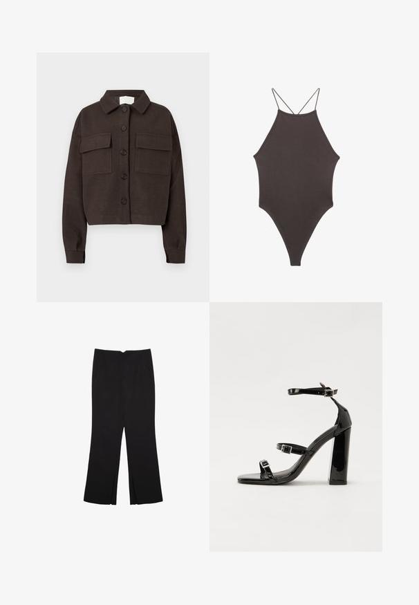 Mørkebrun skjortejakke med to forlommer, lange ærmer og klippet krave mod en hvid baggrund.; Brun højhalset heldragt badedragt med tynde, justerbare stropper; har højt skåret ben og glat tekstur. Ingen mønstre eller udsmykninger.; Sorte bukser med lige pasform, der har frontlommer og slidser i kanten. Lavet af blødt, glat stof. Velegnet til forskellige anledninger.; Sorte patenterede hælsandaler med firkantet tå, ankelremme og sølvspænder. Har en chunky blokHæl for stabilitet.