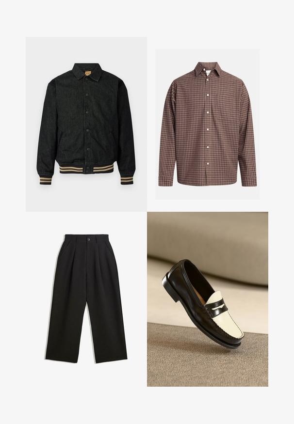 Čierna džínová bunda s button-up predným zapínaním, rebrovanými manžetami a elastickým pásom. Obsahuje golier a bočné vrecká.; Hnedá kockovaná košela s dlhým rukávom a vreckom na hrudi, s bielymi gombíkmi na štruktúrovanej tkanine.; Čierne nohavice s voľným strihom, s prekrytím vpredu, bočnými vreckami a zapínaním na gombík. Vyrobené z textúrovanej látky.; Čierne kožené loaferi s krémovou prednou časťou a čiernymi akcentovými prúžkami, s nízkym podpätkom a detailným prešívaním pozdĺž okrajov.