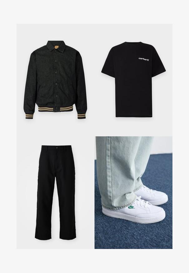 Jaqueta de ganga preta com fecho de botões na frente, punhos canelados e cintura elástica. Apresenta um colarinho e bolsos laterais.; T-shirt preta de algodão com mangas curtas, decote redondo e logótipo branco "Carhartt" no peito esquerdo. Textura suave, design minimalista.; Calças pretas de perna reta com passantes para cinto, fecho frontal com botão e zip. Fundo claro e liso.; Tênis de couro brancos com logo verde da Nike, bico redondo, sola plana, combinados com calças de denim azul claro, exibidos sobre um tapete azul.