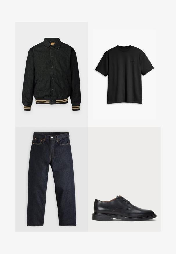 Jachetă din denim negru cu închidere butonată în față, manșete cu nervuri și talie elastică. Dispune de guler și buzunare laterale.; Tricou din bumbac negru, cu guler rotund și mâneci scurte. Are un logo subtil în față și o linie de tiv dreaptă. Design simplu și minimalist.; Jeans de denim albastru închis, cu croială dreaptă, cinci buzunare, cusături contrastante de portocaliu și fermoar cu buton. Fără modele sau embellishments vizibile.; Pantofle din piele neagră cu vârful rotund, design cu șireturi și toc jos stratificat. Textură netedă cu detalii de cusătură minime.