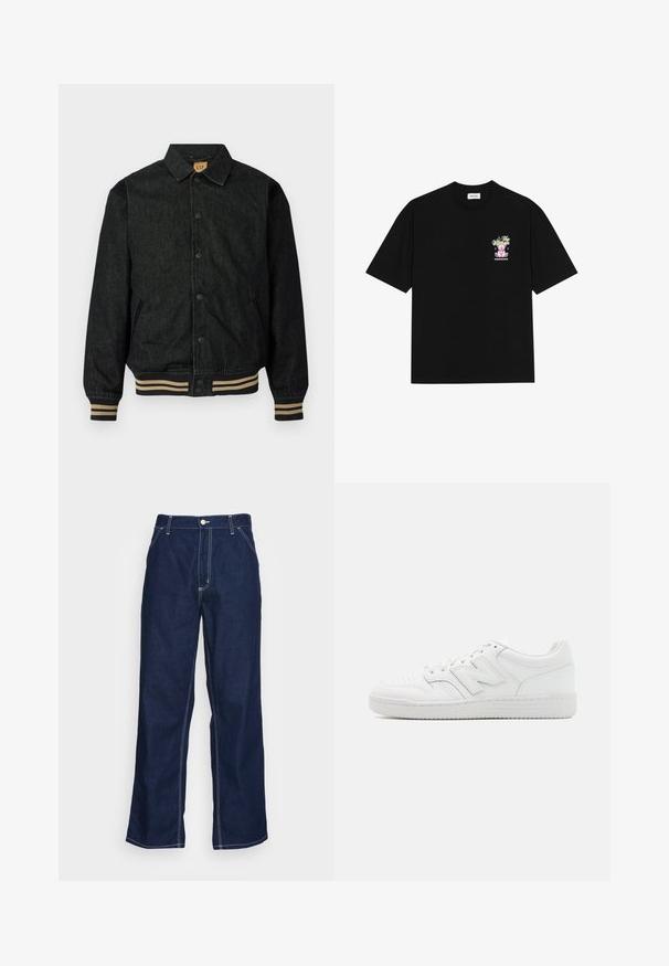 Fekete farmerdzseki gombos előlappal, bordázott mandzsettákkal és elasztikus derékrésszel. Gallérral és oldalsó zsebekkel rendelkezik.; Fekete pamut póló, bal mellkason színes grafikával, melyen egy mackó és stilizált szöveg látható, rövid ujjú és kerek nyakkivágással.; Sötét kék farmer nadrág széles lábakkal, magas derékkal, elülső zsebekkel és kontrasztos fehér varrással a varratok mentén.; Fehér sportcipő sima bőrből, perforált orral, texturált gumitalppal, lapos fűzőkkel és kiemelkedő 'N' logóval az oldalon.