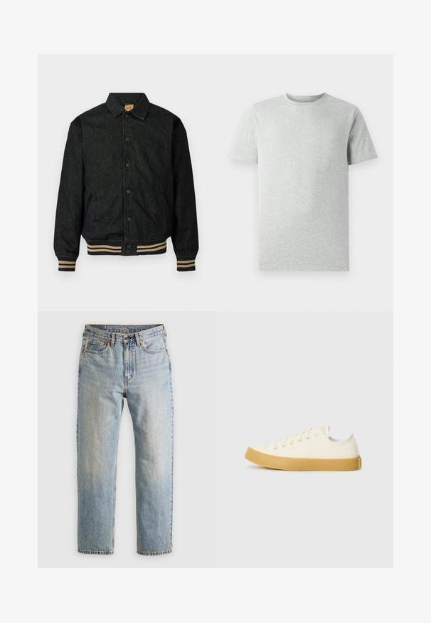 Giacca in denim nero con chiusura a bottoni, polsini a costine e vita elasticizzata. Presenta un colletto e tasche laterali.; Maglietta a maniche corte grigia chiara, girocollo, mostrata su uno sfondo bianco, vista frontale senza loghi o design visibili.; Jeans in denim azzurro chiaro con vita alta, bottone anteriore, cerniera e design a cinque tasche, adagiati su uno sfondo neutro.; Sneakers in tela di colore avorio con punta rotonda, dotati di suole in gomma beige e cinque occhielli per i lacci, finitura texturizzata sulla parte superiore.