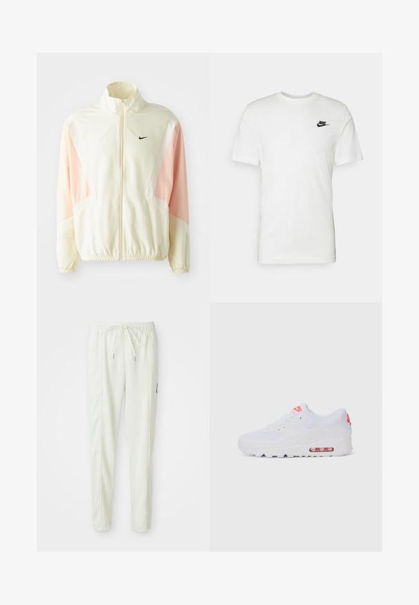Letvægts cremefarvet jakke med lyserøde detaljer, højt krave, fuld lynlås og elastiske manchetter. Har et lille sort Nike-logo på brystet.; Hvid bomulds t-shirt med korte ærmer, rund halsudskæring og et sort Nike-logo på venstre brystområde. Glat tekstur og klassisk pasform.; Hvide slim-fit joggerbukser med elastisk talje og snor, med side-søm-detaljer og en lille sort lap på det højre ben.; Hvide atletiske sneakers med en glat overdel, snørebåndslukning, polstret sål og en synlig luftenhed med røde akcenter på brandingen.