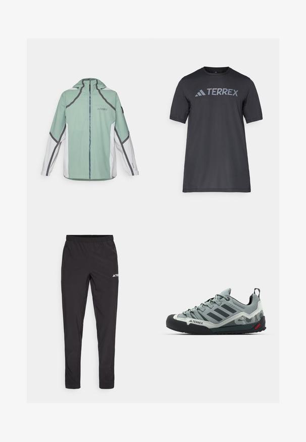 adidas Terrex NAT GEO RAIN.RDY - Casaco impermeável - silver green; Camiseta preta de manga curta feita de tecido leve, com o logótipo cinza-claro "TERREX" atravessando o peito e um decote redondo.; Calças de treino pretas com uma cintura elástica, dois bolsos laterais com fecho e um logótipo na parte superior da perna direita. Tecido liso e leve.; Chalkboard cinzas com um cabedal texturizado, bico de borracha preta, três riscas escuras e um pequeno destaque vermelho na sola.