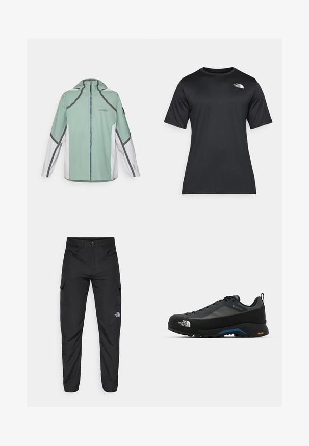adidas Terrex NAT GEO RAIN.RDY - Vízálló dzseki - silver green; Fekete, rövid ujjú póló, könnyű, nedvességelvezető anyagból készült. Bal oldalon fehér logóval rendelkezik, és kerek nyakú.; The North Face HORIZON PANT - Szabadtéri nadrágok - black; The North Face VERTO ALPINE GORE TEX - Túracipők - asphalt grey/tnf black