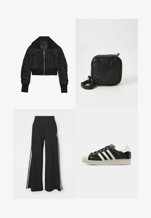 Svart kort bomberjacka med dragkedja framtill, bred krage och ribbade cuffs, med en slät, glänsande textur och vadderad design.; Svart stickad tröja med en vit Adidas trefoil-logotyp och tre vita ränder på varje ärm. Texturerad fabrik med lätt glans.; Svarta vida sweatpants med elastisk midje, med vita sidosträck och en broderad logotyp på vänster lår.; Svart lädersneaker med vita ränder, gummitåhätta, svarta snören och en krämfärgad sula. Slät textur med blank yta.; Svart fyrkantig crossbody-väska i texturerat syntetmaterial. Har en präglad logodesign och justerbar rem. Dragkedjestängning.