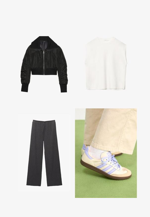 Musta lyhyt bomber-takki, jossa on vetoketjukiinnitys, leveä kaulus ja ribbireunat. Takki on sileä ja kiiltävä, ja siinä on pehmustettu muotoilu.; Valkoinen hihaton paita, jossa on rento leikkaus, pyöreä pääntie, sileä pinta ja suora helma. Yksinkertainen muotoilu ilman kuvioita tai metalliosia.; Löysät jalkaiset housut tummanharmaasta kankaasta, jossa on teksturoitu pinta ja joustava vyötärö, jossa on nyöri. Yksinkertainen ja minimalistinen muotoilu.; Kermasilta ja laventelilta näyttävät lenkkarit kolmella raidalla ja teksturoidulla ruskealla pohjalla, varustettuna nauhoilla ja pehmustetulla kantapäällä. Pehmeä kangaspinta.