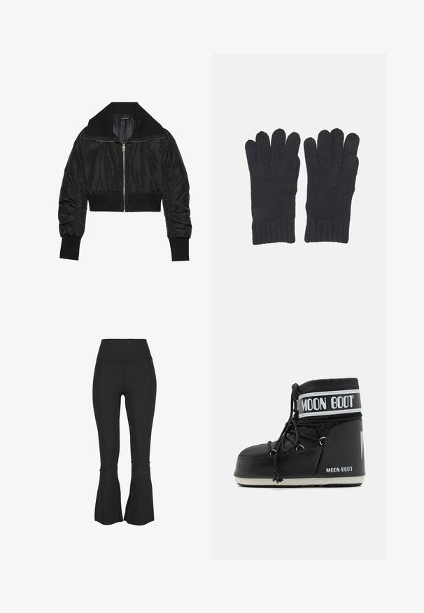 Čierna skrátená bomber bunda s predným zipsom, širokým golierom a rebrovanými manžetami, so hladkou, lesklou textúrou a polstrovaným dizajnom.; Čierny, dlhý rukáv, skrátený top s vysokým výstrihom. Vyrobený z hladkého, priliehavého materiálu bez viditeľných vzorov alebo akcentov.; Čierne rozšírené legíny vyrobené z elastického a hladkého materiálu. Vysoký pás a rozparky na spodnej časti nohavíc sú zaujímavými dizajnovými detailmi.; Čierna Moon Boot s vypchatým zvrškom, zabezpečená šnúrkami a charakteristickým bielym pásikom s logom. Hrubá, textúrovaná gumová podrážka.; Čierne pletené rukavice s ribbovaným manžetovým lemom, navrhnuté s oddelenými otvormi na prsty pre plnú obratnosť. Jemná textúra a rovnomerné steh.