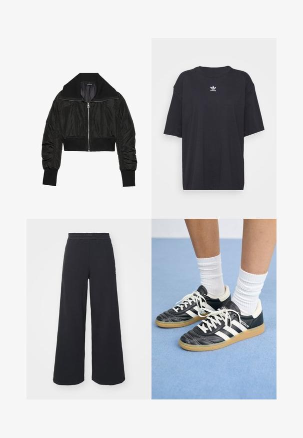 Jachetă bomber neagră croppată, cu fermoar în față, guler lat și manșete cu nervuri, având o textură netedă și lucioasă și un design căptușit.; Tricou din bumbac negru cu mâneci scurte, gât rotund, prezentând un logo Adidas alb pe piept. Design simplu, croi lejer.; Pantaloni de trening negri, cu picioare largi, confecționați dintr-un material moale, având un talie elastică și un logo mic pe partea stângă.; Adidași din piele neagră cu dungi albe, vârful rotund, șireturi albe și talpă din cauciuc natural. Accentuați de un guler căptușit și detalii de brand.