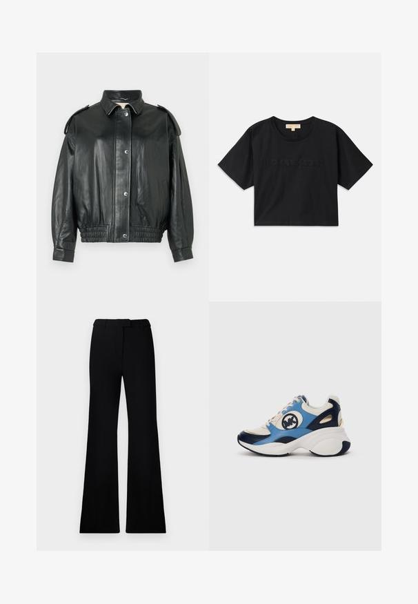 Black leather jacket with a classic collar, snap-button closure, side pockets, and gathered elastic waistband. Features shoulder accents.; Black cropped t-shirt made of cotton. Features round neckline and short sleeves. "MICHAEL KORS" embroidered in matching color on the front.; Black flared pants featuring a smooth texture, tailored waistband, and front pockets, designed with a sleek, modern silhouette.; White, navy, and light blue suede sneaker with chunky sole and circular embroidered logo on the side.