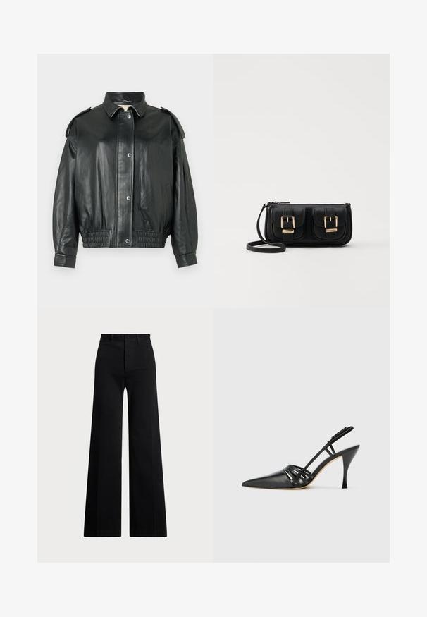 Black leather jacket with a classic collar, snap-button closure, side pockets, and gathered elastic waistband. Features shoulder accents.; Black sleeveless cotton sweater with a round neckline. Features a small white logo on the lower left corner and ribbed trim.; Black wide-leg pants made of woven fabric, featuring a high waist, front button closure, and side pockets. Smooth texture with clean lines.; Black leather high-heeled slingback shoe with pointed toe, crisscross strap design, and slim stiletto heel. Smooth texture and minimal accents.; Black leather crossbody bag with two front pockets, gold buckles, zipper closure, and a slim strap. Textured surface and compact rectangular shape.