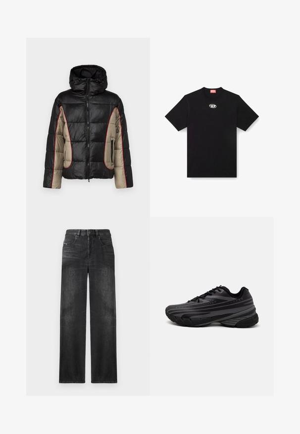 Jachetă pufată neagră și bej cu glugă, având panouri matlasate, cusături contrastante roșii și buzunare laterale cu fermoar.; Tricou negru din bumbac cu guler rotund și mâneci scurte. Prezintă un mic logo argintiu brodat în centrul frontal.; Jeans negri cu picioare drepte, fabricate din denim, având cinci buzunare, bucle pentru curea și o ușoară decolorare pe material pentru textură.; Pantof de alergare negru cu un superior texturat, având dungi gri. Talpă groasă pentru amortizare, vârf rotund și șireturi plate pentru o potrivire sigură.