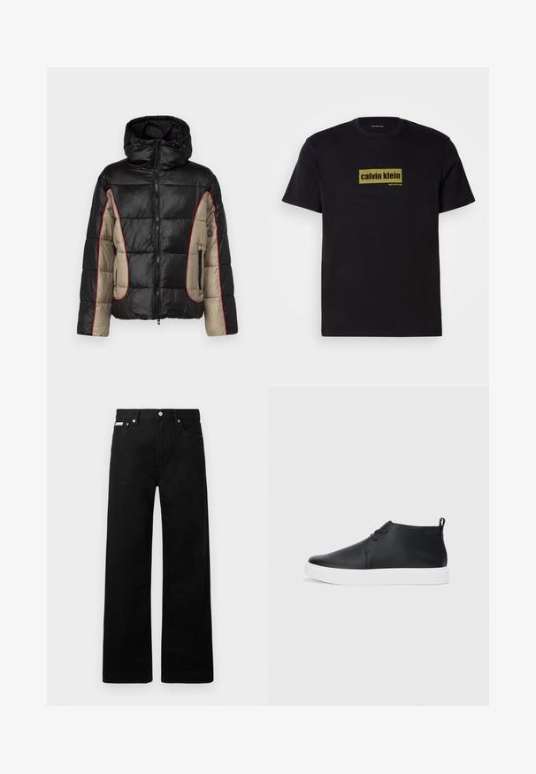Crna i bež puffer jakna s kapuljačom, koja ima prešane panele, crvene kontrastne šavove i bočne đepove sa zatvaračem.; Crna pamučna majica s kratkim rukavima, s pravokutnim zelenim logotipom na kojem piše "calvin klein" i "new york city" u podebljanom fontu.; Crne traperice širokog kroja, s pet džepova i metalnim dugmadi. Glatka tekstura, bez vidljivih uzoraka.; Crne kožne visoke tenisice s glatkom završnom obradom, bijelim gumene potplate i jednostavnim dizajnom vezanja. Imaju povlačenje na stražnjem dijelu.