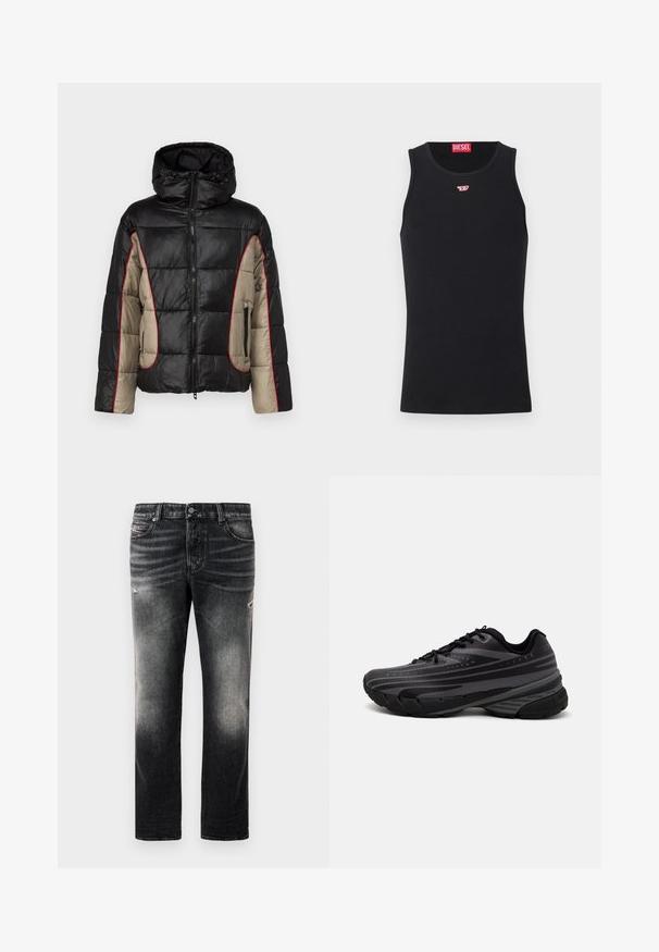 Casaco puffer preto e bege com capuz, apresentando painéis acolchoados, costura de contraste vermelha e bolsos laterais com fecho de correr.; Camisola preta sem mangas feita de tecido suave, com decote redondo, aberturas para os braços e um pequeno logótipo vermelho no peito. Design simples.; Calças jeans pretas com acabamento desbotado e detalhes desgastados, design padrão de cinco bolsos e fecho com zip. Feitas de tecido denim.; Shoe de corrida preta com um cabedal texturizado apresentando riscas cinzentas. Sola grossa para amortecimento, bico redondo e atacadores planos para um ajuste seguro.