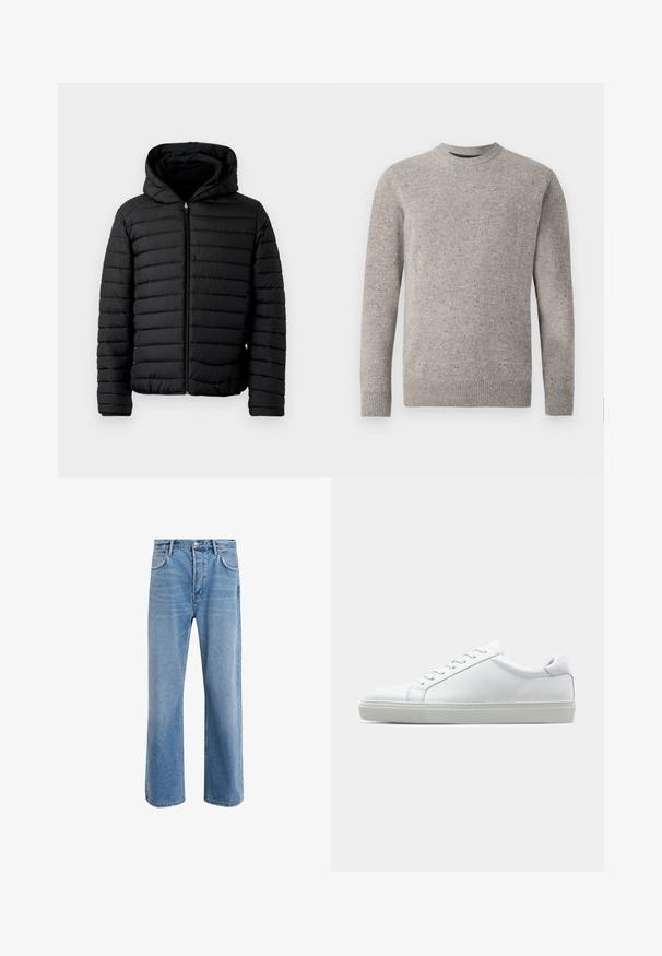 Schwarze Steppjacke mit Kapuze, mit gestepptem Design, leicht, mit durchgehendem Reißverschluss und elastischen Bündchen für Wärme und Komfort.; Hellgrauer gestrickter Pullover mit Rundhalsausschnitt, langen Ärmeln und gerippten Bündchen und Saum. Strukturiertes Muster mit Farbklecksen.; Helle blaue Jeans im Geradeschnitt-Design, mit fünf Taschen, Knopfverschluss, minimaler Ausbleichung und kontrastierenden Nähdetails.; Weißer Sneaker mit glattem Lederobermaterial und niedrigem Profil. Verfügt über eine runde Zehenpartie, sechs Ösen und eine strukturierte Gummisohle.