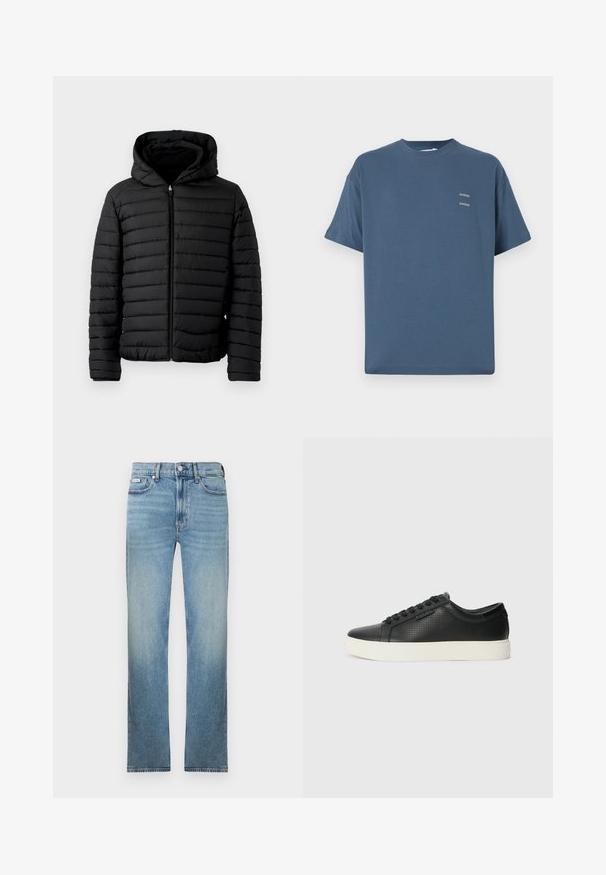 Musta puffatakki hupulla, jossa on tikattu muotoilu, kevyt, täyspitkä vetoketju ja joustavat hihansuut lämpöä ja mukavuutta varten.; Sininen puuvillahuppari, jossa on klassinen pyöreä pääntie, lyhyet hihat, rento malli ja kaksi pientä painettua logoa rinnassa. Tasainen pinta.; Vaaleansiniset farkut suoralla lahkeensuudella, viiden taskun mallilla ja haalistuneella viimeistelyllä. Ne sisältävät napillisen liepeen ja vyölenkit.; Mustat nahkasneakersit rei'itetyllä pinnalla, pyöreällä varvalla ja litteällä valkoisella kumipohjalla. Varustettu mustilla nauhoilla ja hienovaraisella logolla sivussa.