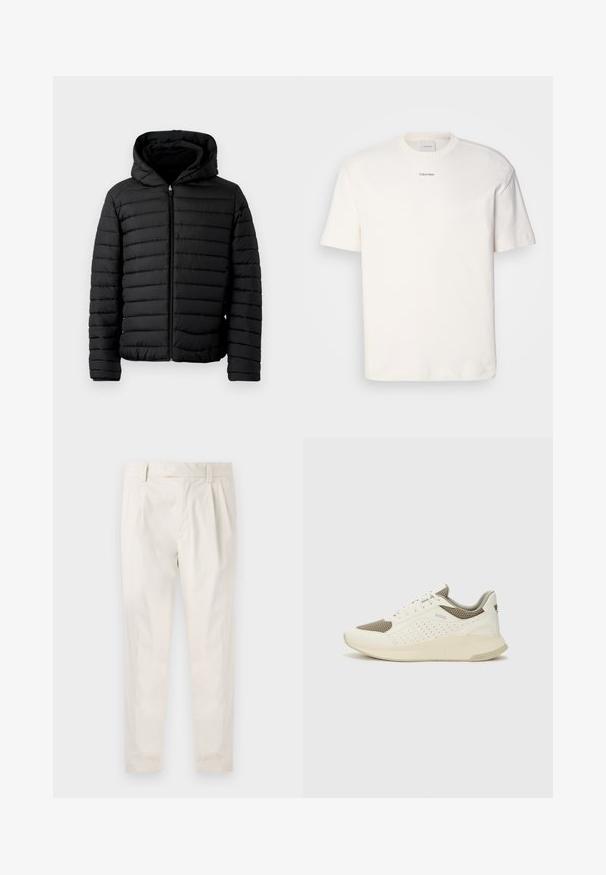 Svart pufferjakke med hette, med quiltet design, lettvektig, full glidelås og elastiske mansjetter for varme og komfort.; Hvit bomulls T-skjorte med rund hals, korte ermer og brodert "Calvin Klein" logo i midten av brystet. Enkel design.; Hvite, pregede bukser med skreddersydd passform, som har en jevn tekstur, beltehemper og avsmalnende ben. Ingen synlige lommer eller mønstre.; Hvit og lysebeige treningssko, med en mesh-overdel, perforerte detaljer og en teksturert mellomsåle med merkevare på hælen.
