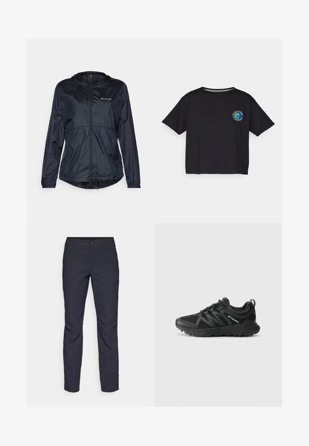 Zwarte lichtgewichtjack met een capuchon, volledige rits, elastische manchetten en een verstelbare zoom. Bevat een logo op de bovenkant van de linkerborst.; Zwart katoenen T-shirt met korte mouwen en een ronde, multicolor logo op de borst. Rechte zoom en een relaxte pasvorm.; Navyblauwe broek van gladde stof, met een sluiting aan de voorkant met een knoop, slim-fit ontwerp en geplooide details bij de knieën.; Columbia PEAKFREAK - Outdoorschoenen - black