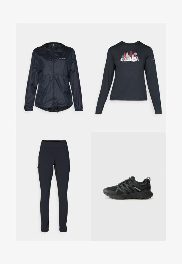 Juodas lengvas švarkas su gobtuvu, pilnu užtrauktuku, elastinėmis rankovėmis ir reguliuojamu apačiu. Viršutinėje kairėje krūtinės pusėje yra logotipas.; Ilga rankovė tamsiai pilka marškinėliai su raudonų medžių ir kalnų grafika; drąsaus baltos spalvos teksto "COLUMBIA" logotipas. Minkšta medžiaga, standartinis apvalus kaklas.; Juodi sportiniai medvilniniai kelnių modeliai su siauru kirpimu, elastinga juosmens juosta ir šonine kišene su užtrauktuku. Lygus, elastingas audinys su minimaliais siūlės.; Columbia PEAKFREAK - Turistiniai batai - black