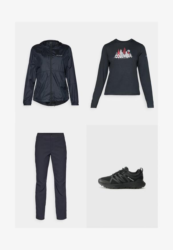 Black lightweight jacket with a hood, full zipper, elastic cuffs, and adjustable hem. Features a logo on the upper left chest area.; Long-sleeve dark gray shirt with a graphic of red trees and mountains; "COLUMBIA" logo in bold white text. Soft fabric, standard crew neck.; Navy blue pants made of smooth fabric, featuring a front button closure, slim-fit design, and creased detailing at the knees.; Columbia PEAKFREAK - Hiking shoes - black