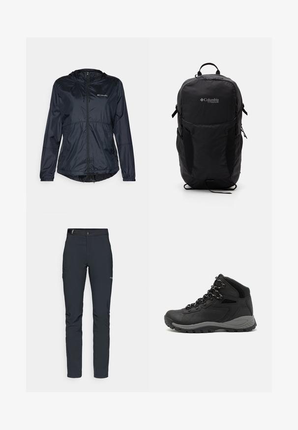Schwarze leichte Jacke mit Kapuze, vollem Reißverschluss, elastischen Bündchen und verstellbarem Saum. Verfügt über ein Logo im oberen linken Brustbereich.; Schwarzes Columbia-T-Shirt mit weißer kreisförmiger Berg- und Fluss-Linienkunst und dem Text "Columbia Sportswear Company - Draußen seit 1938."; Herren Outdoor-Hosen, dunkelgrau, aus flexiblem Material, mit einem Gürtel, Reißverschlusstaschen und verstärkten Nähten.; Schwarzer Wanderstiefel mit einem mittelhohen Design, ausgestattet mit einer strukturierten Oberfläche, grauen Akzenten und einer robusten Gummisohle mit Profilstollen.; Schwarzer Columbia Titanium Rucksack mit glatter Stofftextur, Seitentaschen, Oberhandgriff und verstellbaren Trägern. Minimalistisches Design mit dezentem Branding.