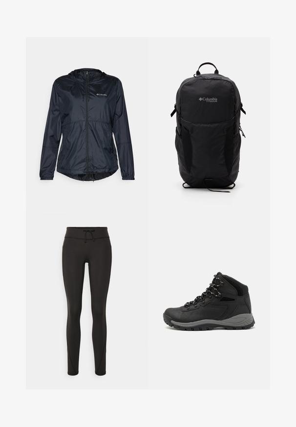 Schwarze leichte Jacke mit Kapuze, vollem Reißverschluss, elastischen Bündchen und verstellbarem Saum. Verfügt über ein Logo im oberen linken Brustbereich.; Schwarzes Langarm-Sportshirt aus leichtem, atmungsaktivem Material. Merkmale einen runden Ausschnitt und das Columbia-Logo auf der Vorderseite.; Schwarze Leggings mit hohem Bund, Kordelzug, glatter Textur und tailliertem Design. Verfügt über Nähte entlang der Seiten.; Schwarzer Wanderstiefel mit einem mittelhohen Design, ausgestattet mit einer strukturierten Oberfläche, grauen Akzenten und einer robusten Gummisohle mit Profilstollen.; Schwarzer Columbia Titanium Rucksack mit glatter Stofftextur, Seitentaschen, Oberhandgriff und verstellbaren Trägern. Minimalistisches Design mit dezentem Branding.