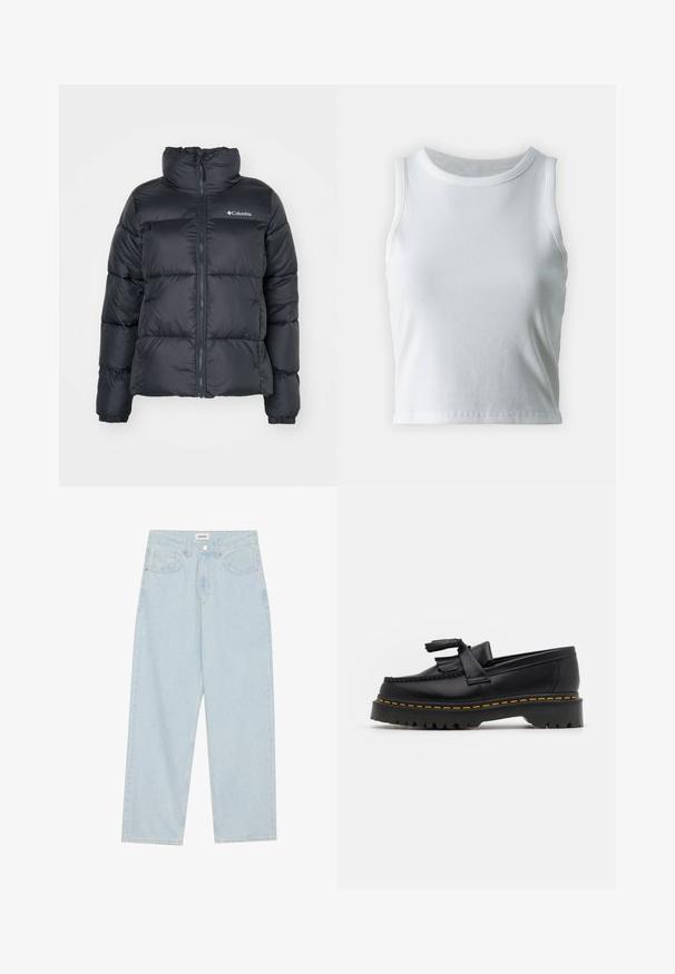 Giubbotto piumino nero con colletto alto, chiusura con zip frontale e polsini elastici. Realizzato in tessuto liscio con un logo sul lato sinistro del petto.; Top a canotta bianco a coste con scollatura rotonda e senza maniche, caratterizzato da un orlo dritto e una texture liscia e elastica.; Jeans azzurri a gamba larga in denim, con vita media, cinque tasche e chiusura con bottone accompagnata da un sottile accento metallico.; Mocassino in pelle nera con un'accento a frange, dotato di una suola nera spessa e cuciture gialle lungo il bordo. Finitura testurizzata.