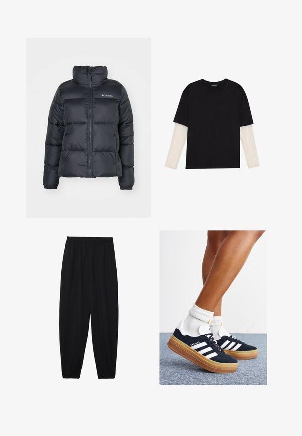 Črna puhovka z visokim ovratnikom, zadrgo spredaj in elastičnimi manšeti. Narejena iz gladkega materiala z logotipom na levem prsnem delu.; Črna majica iz bombaža s kratkimi rokavi, ki pokriva belo dolgi rokav z subtilnim teksturiranim vzorcem. Oblika izrezanega vratu.; Črne, lahke hlače z elastičnim pasom in nabranimi gležnji. Tkanina je gladka in ima sproščen, taperiran dizajn.; Črni antilop superge z belimi črtami in poudarki, okrogel prst, gumijasti podplat, kombinirane z belimi rebrastimi nogavicami.