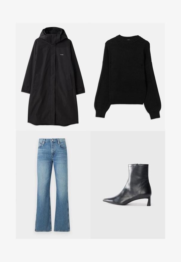 Musthave veekodukaga must veekindel jope, pikkade varrukatega, küljetaskute ja esiketta lukuga. Omab minimalistlikku disaini, kaubamärgi logo rinnal.; Mustmust, mille tekstuuriga kudumisega, ribatustatud ümar kaelus ja ülekaalulised balloonvarrukad sujuva lõppega.; Heledad sinise värvi flared teksad, mis on valmistatud denimist, kõrge vöökohaga, ees olevate taskutega ja vasknupuga vöökohtadel.; Mustad mustall nahkasaabas terava nina ja stiilse disainiga. Omab madalat konts ja luku sulgemist taga. Sile tekstuur.