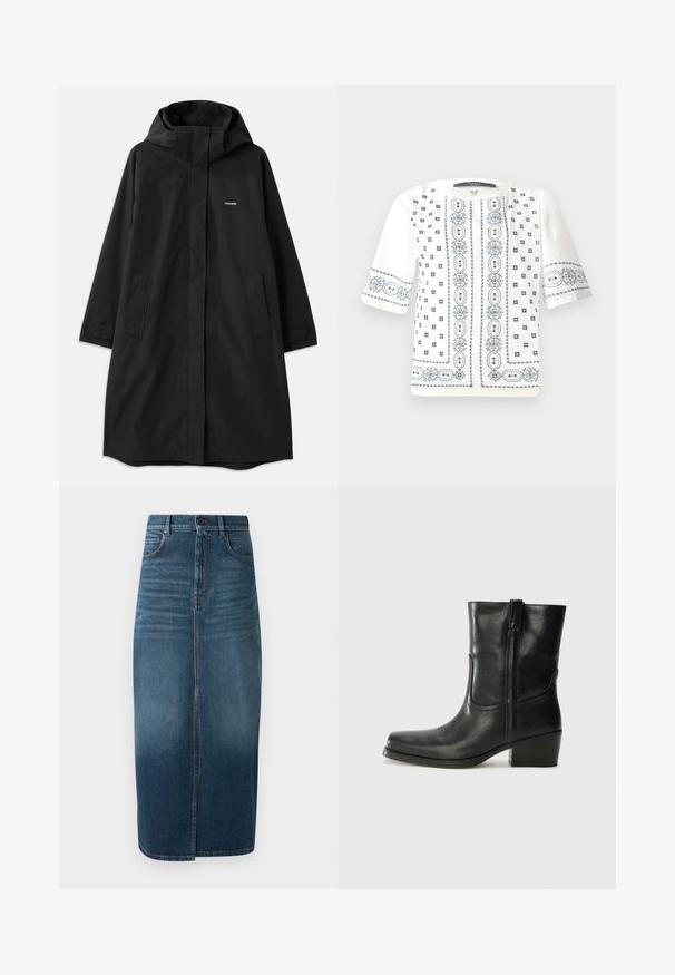 Črn vodoodporen plašč s kapuco, dolgimi rokavi, stranskimi žepi in sprednjim zadrgo. Ima minimalističen dizajn z logotipom blagovne znamke na prsih.; Bela bluzica s kratkimi rokavi, okrašena z modrim cvetličnim vezenjem, okroglo ovratnico in zapletenimi vzorci na sprednji strani in rokavih.; Jeans midi krilo v temno indigo barvi, z sprednjim razporkom in rahlim bledenjem. Klasičen dizajn s petimi žepi in zapiranjem na kovinski gumb.; Črne usnjene gležnjarje z zaobljenim nosom, blok peto, stransko zadrgo in šivanjem na vampu. Gladka tekstura, klasična zasnova.