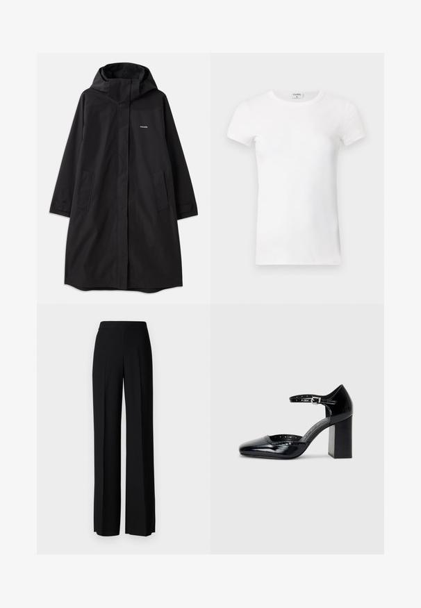 Čierny nepremokavý kabát s kapucňou, dlhými rukávmi, bočnými vreckami a predným zipsom. Obsahuje minimalistický dizajn s logom značky na hrudi.; Biela rebrovaná tričko s krátkym rukávom a okrúhlym výstrihom. Tkanina vyzerá hladko s priliehavým strihom. Značková etiketa je viditeľná na golieri.; Čierne široké nohavice s hladkým povrchom, s vysokým pásom a stredovými skladmi. Žiadne viditeľné vzory ani hardvérové detaily.; Čierne lakované dámske topánky na vysokom opätku so štvorcovou špičkou, remienkom okolo členku a masívnym opätkom. Obsahuje perforované detaily pozdĺž lemu.