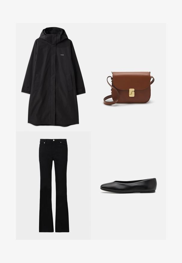 Black waterproof coat with hood, long sleeves, side pockets, and front zipper. Features minimalistic design with brand logo on chest.; White short-sleeve t-shirt made of ribbed fabric. Round neckline, regular fit, and subtle stitching details. No patterns or graphics.; Black flared jeans made of denim, featuring two front pockets, a button closure, and a smooth texture. Signature stitching visible at seams.; Paul Smith TOPANGA - Ballet pumps - black; Brown leather handbag with a flap closure, gold-tone hardware, a shoulder strap, and a smooth texture. Compact rectangular shape.