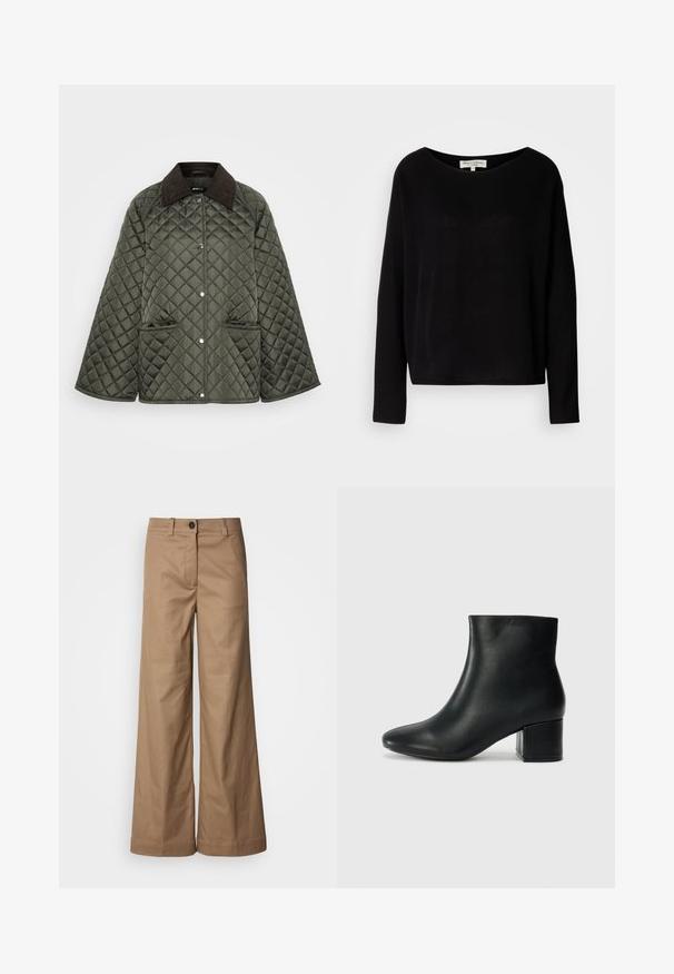 Quiltana olivno zeleni jopič z rjavim žametalnim ovratnikom, gumba za pritrditev in dvema stranskima žepoma. Oblikovanje je sproščeno z širokima rokavoma.; Črna majica z dolgimi rokavi, izdelana iz mehkega materiala, s širokim okrogłym izrezom in sproščenim krojem, brez vidnih vzorcev ali dodatkov.; Hlače širokih nogavica iz gladkega, svetlo rjavega materiala. Imajo sprednje zapiranje na gumb, pasne zanke in stranske žepe. Čiste linije brez vidnih vzorcev.; Črne usnjene gležnjarje s koničastim nosom in debelim peto. Gladka tekstura z minimalnimi detajli in eleganten, prilegajoč dizajn.
