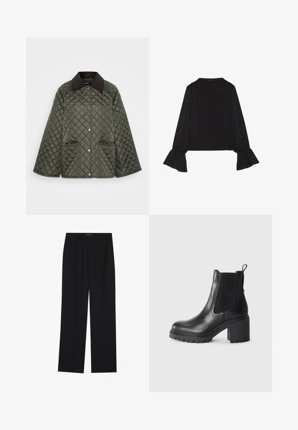 Corta-vento acolchoado verde-oliva com colarinho em corduroy castanho, fechos de pressão e dois bolsos laterais. O design é descontraído, com mangas largas.; Top preto de mangas longas com punhos largos, textura suave e um corte descontraído, com um simples decote redondo.; Calças pretas com um design de perna reta, apresentando dois bolsos frontais e um cós. Feitas de um tecido leve e suave.; Botim preto de couro até ao tornozelo com um tacão robusto, painéis laterais elásticos e uma alça na parte de trás. Sola texturizada para maior aderência.