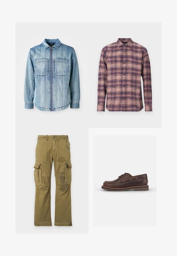 Svijetloplava traper jakna s patentnim zatvaračem, dva džepa na prsima i vertikalnim šavovima. Klasični ovratnik i elastizirani donji rub.; Košulja dugih rukava s kari uzorkom u ljubičastim i ružičastim tonovima, s kragnom na dugme i crnim dugmadi, izrađena od mekog materijala sa glatkom teksturom.; Maslinasto zelene cargo hlače s više džepova, sa uzorkovanom krpicom na desnoj nozi i ojačanim šavovima. Opustit će se prilagodba i tekstura tkanine.; Smeđe kožne brodske cipele s zaobljenim vrhom, šest rupica za vezivanje, kontrastnim šavovima i teksturiranim gumenim potplatom.